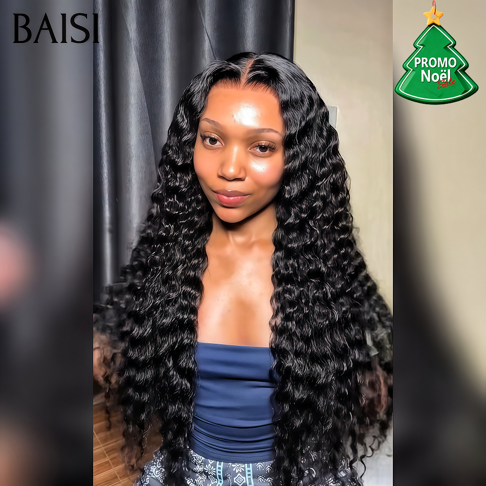 BAISI  13x4 Lace Frontal Perruque deep wave Sans Colle Lace déjà couper Facile à Porter En 100% Cheveux Humains