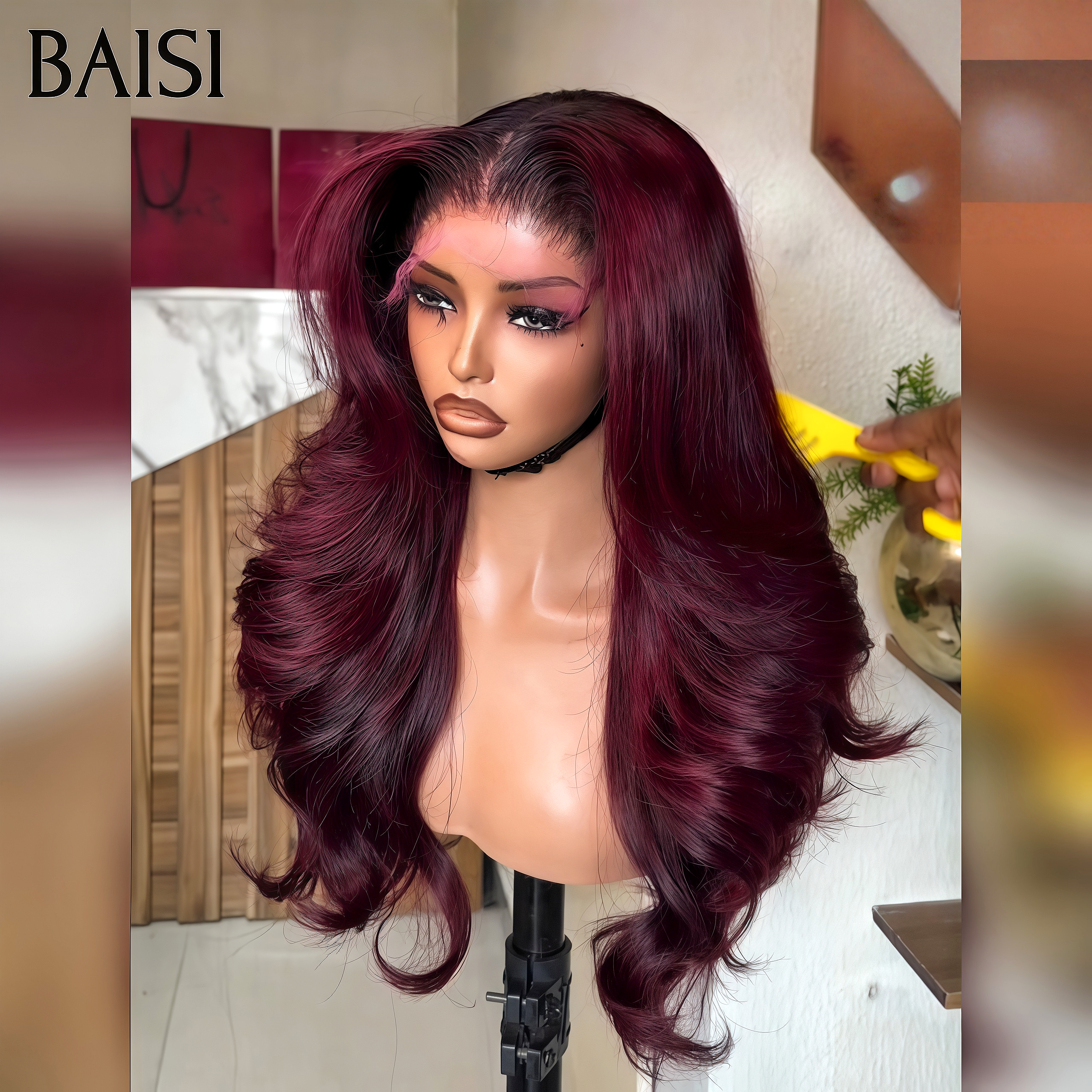 BAISI Perruque Couleur Bourgogne 99J# Perruque  Lace Frontale Ondulée Body Wave Cheveux  Humains