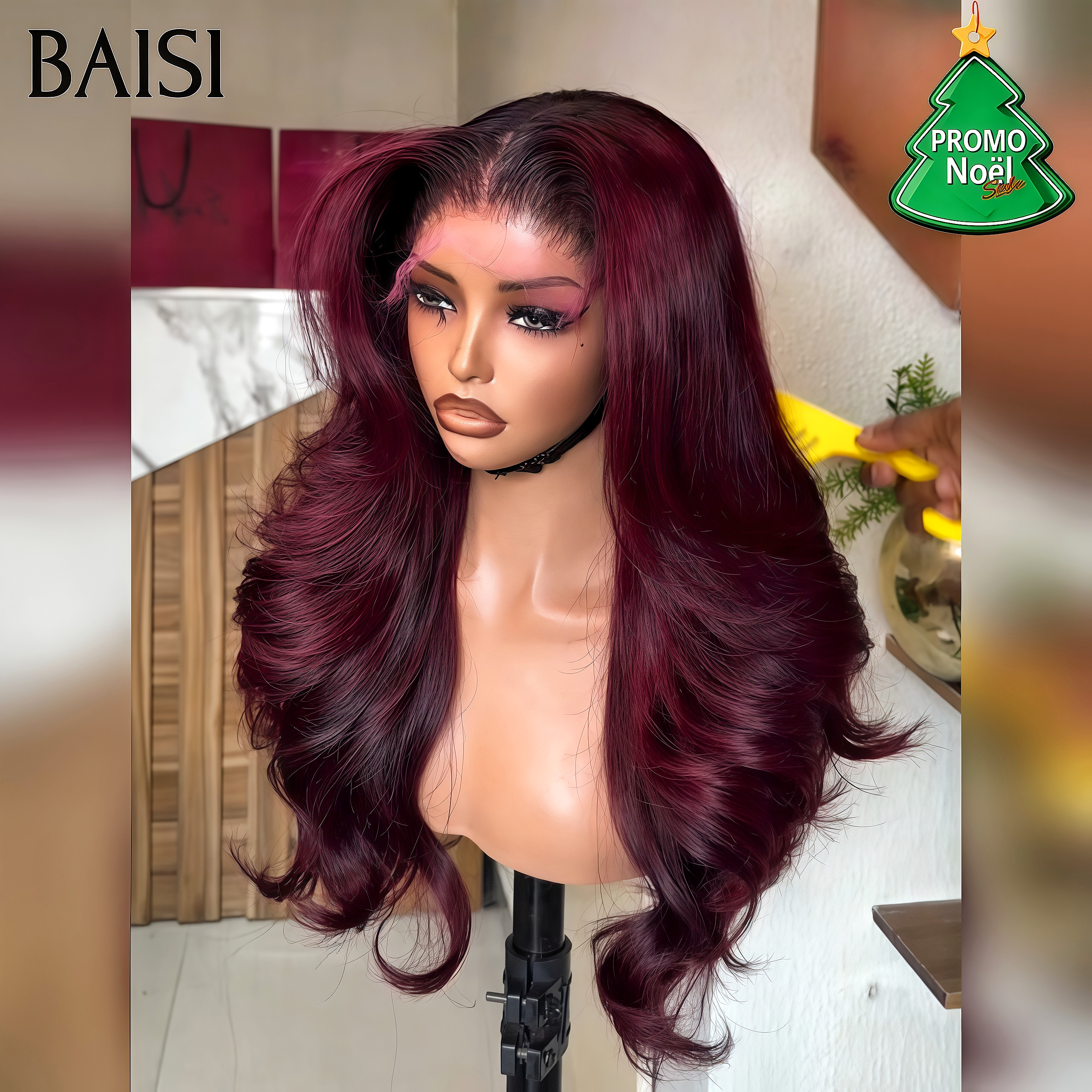 BAISI Perruque Couleur Bourgogne 99J# Perruque  Lace Frontale Ondulée Body Wave Cheveux  Humains