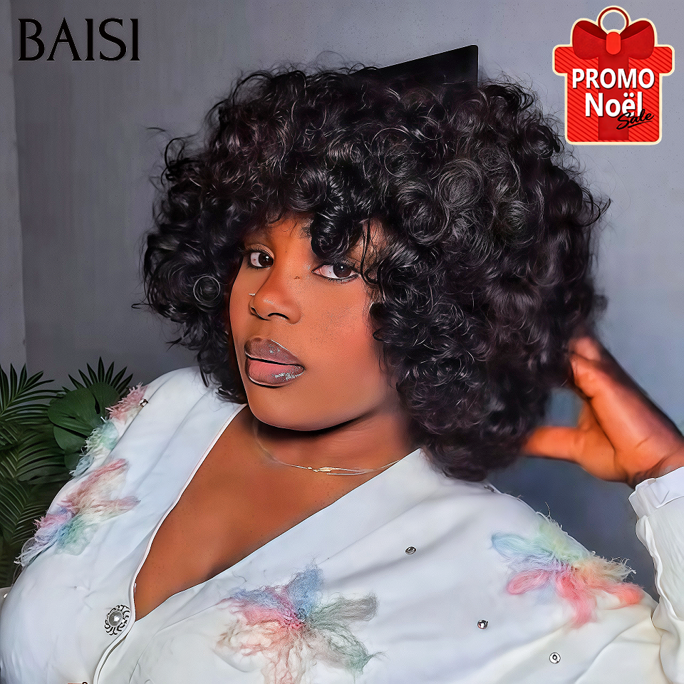 BAISI Offre Flash 66€ Perruque Egg Wave avec Frange en Noir Sans Lace Sans Colle en 100% Cheveux Humains