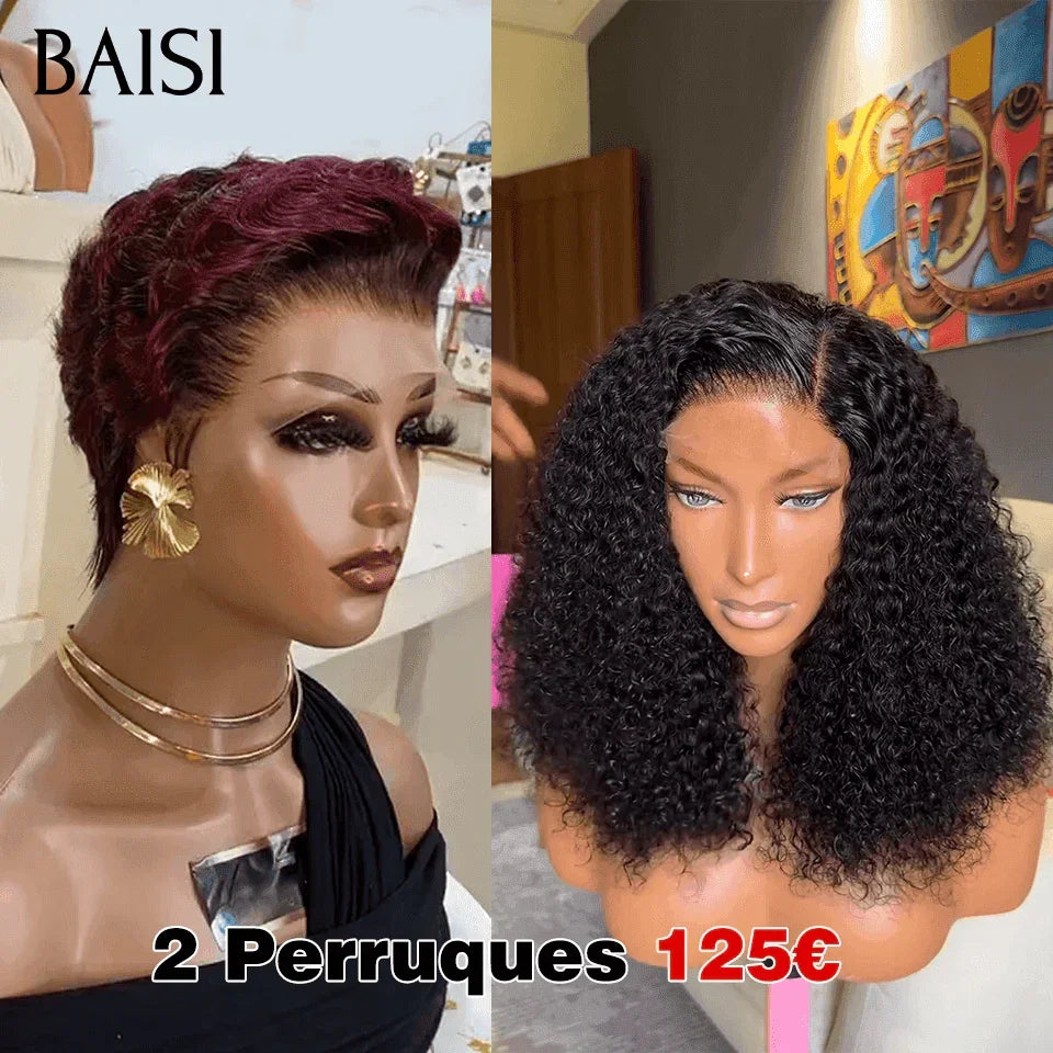 BAISI vente flash 2 Perruques 125€ 13X4 lace pixie 99J# et 4X4 lace water wave 14 pouces en 100% vrais cheveux humains BS65