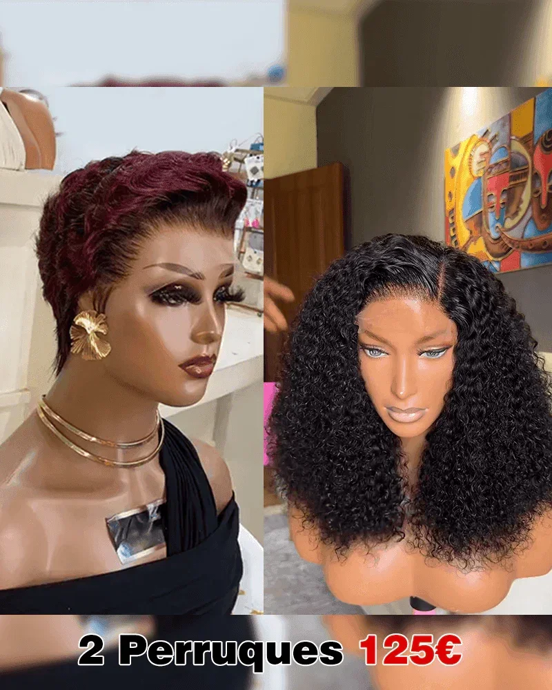BAISI vente flash 2 Perruques 125€ 13X4 lace pixie 99J# et 4X4 lace water wave 14 pouces en 100% vrais cheveux humains BS65