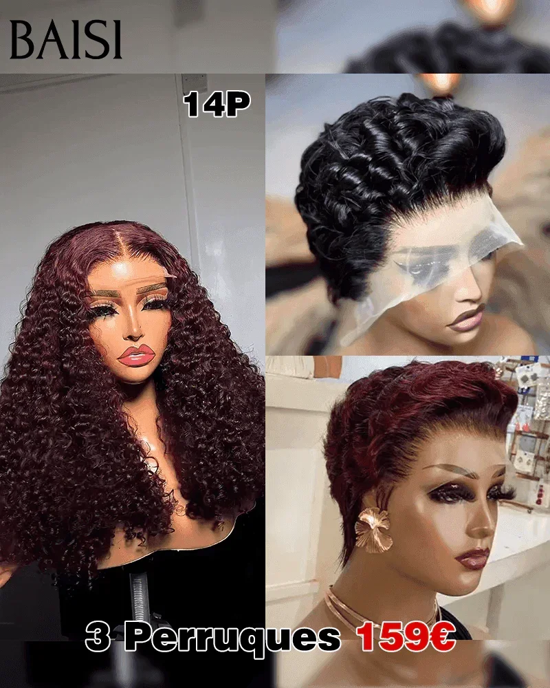 BAISI perruque 13X4 lace frontal Pixie Marron 59€ ou 3 Perruques 159€ 4X4 bouclé water wave 99J# 14 Pouces ou 13X4 pixie  2 Couleurs en 100% Cheveux Humains MP50