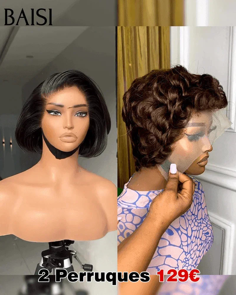 BAISI vente flash 2 Perruques 129€ 13X4 lace pixie noir et 4X4 lace lisse 8 poucesen 100% vrais cheveux humains FR38
