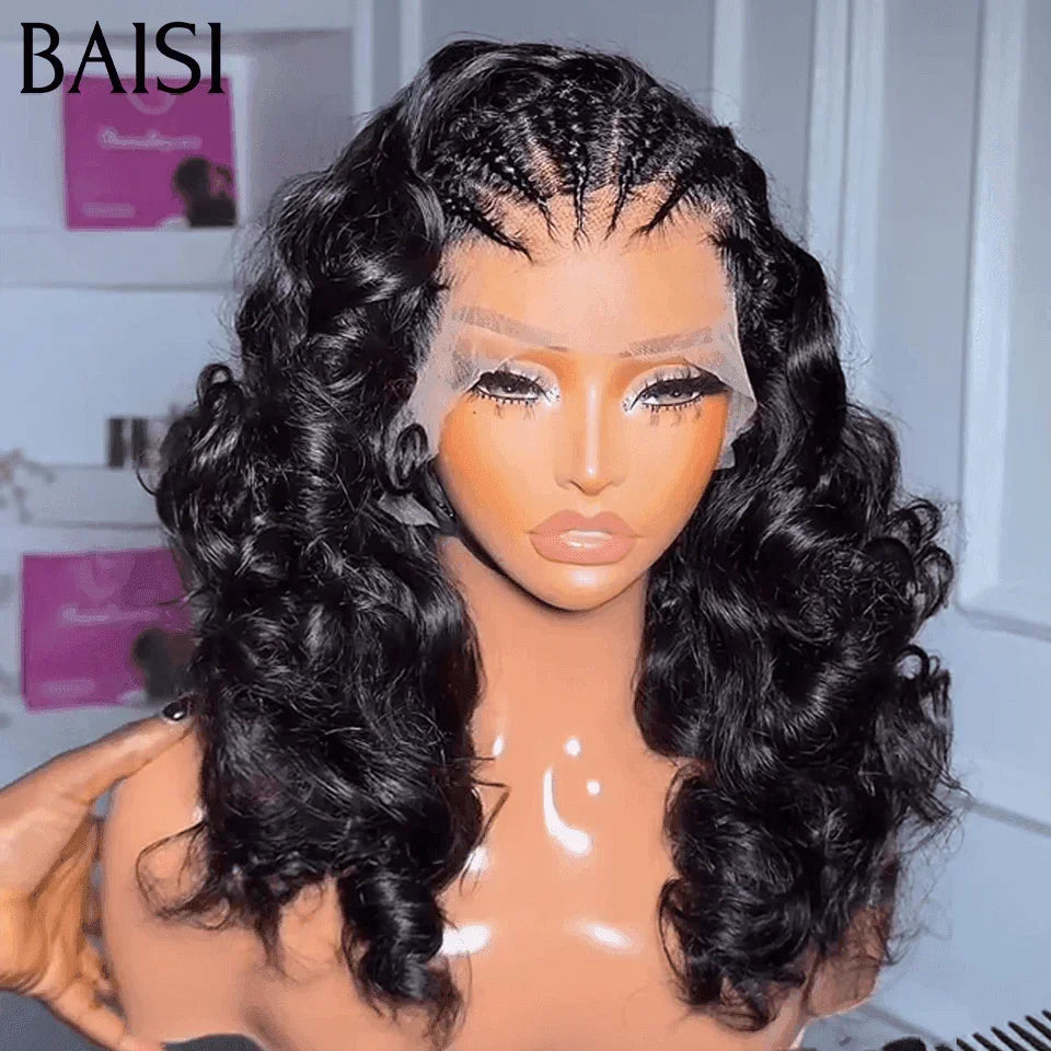 BAISI 13X4 lace perruque body wave Petite natte frisé frontale lace noir 18 pouces  100% cheveux humains BS65