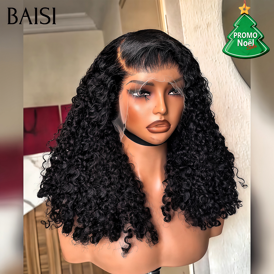BAISI promo Perruque avec 13x4 lace frontal noir curly wave De Bonne Qualité 100% Cheveux Humains