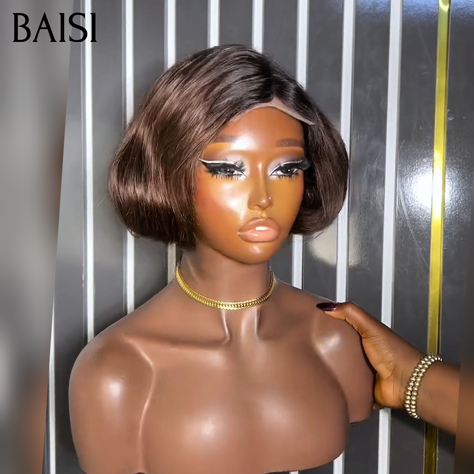 BAISI Perruque nouveau produit pixie 60€ Lisse Marron 1BT4# avec lace frontal 100% cheveux humains