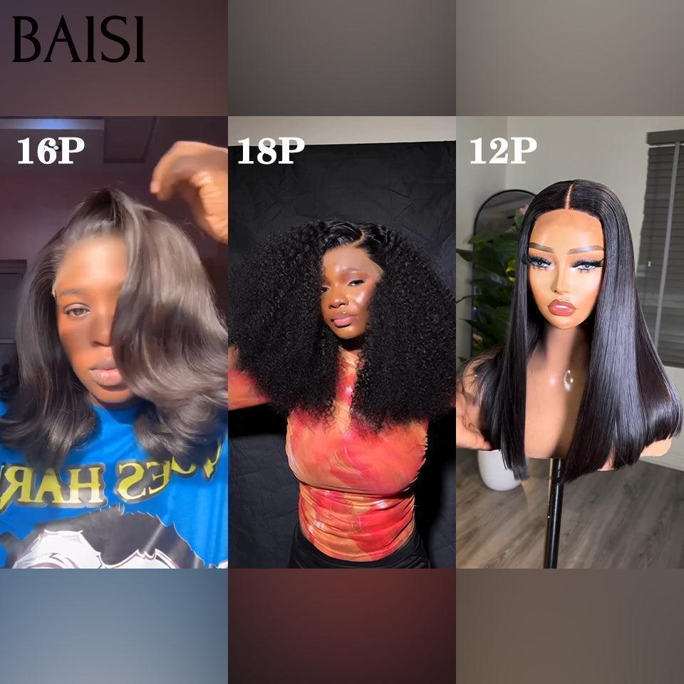 BAISI 3 perucas 199€ renda 2X6 de Luxo Vietnam Hair liso 12 Pouces e 13X4 PRETO 065C 16 pouces e renda 4X4 ondulado cacheado 18 poouces em 100% cabelo humano FR38