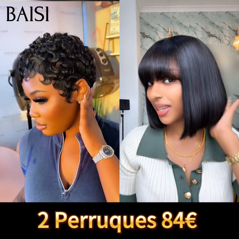 BAISI  Facile à Revendre PROMO Prix Grossite 2 Perruques 84€ sans Colle finger wave et Lisse avec Frange BOB en France en 100% Cheveux Humains