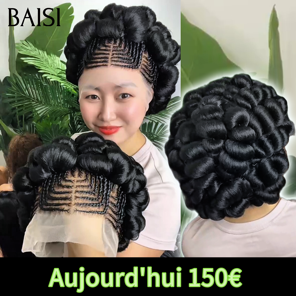 BAISI Nouvelle Arrivée Perruques Moitié Prix 13x4 frontal Lace avec Chignon de nattes  NOIR En 100% cheveux humains