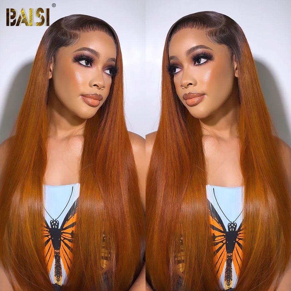 BAISI 13x4 Frontal Straight Wig in color #1B#30 Pre-Plucked No Glue Needed in 100% Raw Hair Lace Already Cut