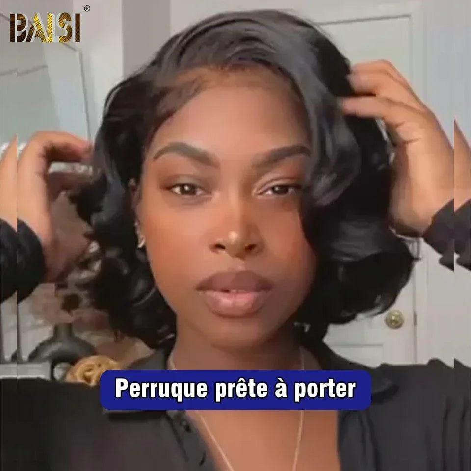 BAISI 13x4 Bob Body Wave Wig in Black Glueless Lace Front Cut Easy to Wear 100% Human Hair