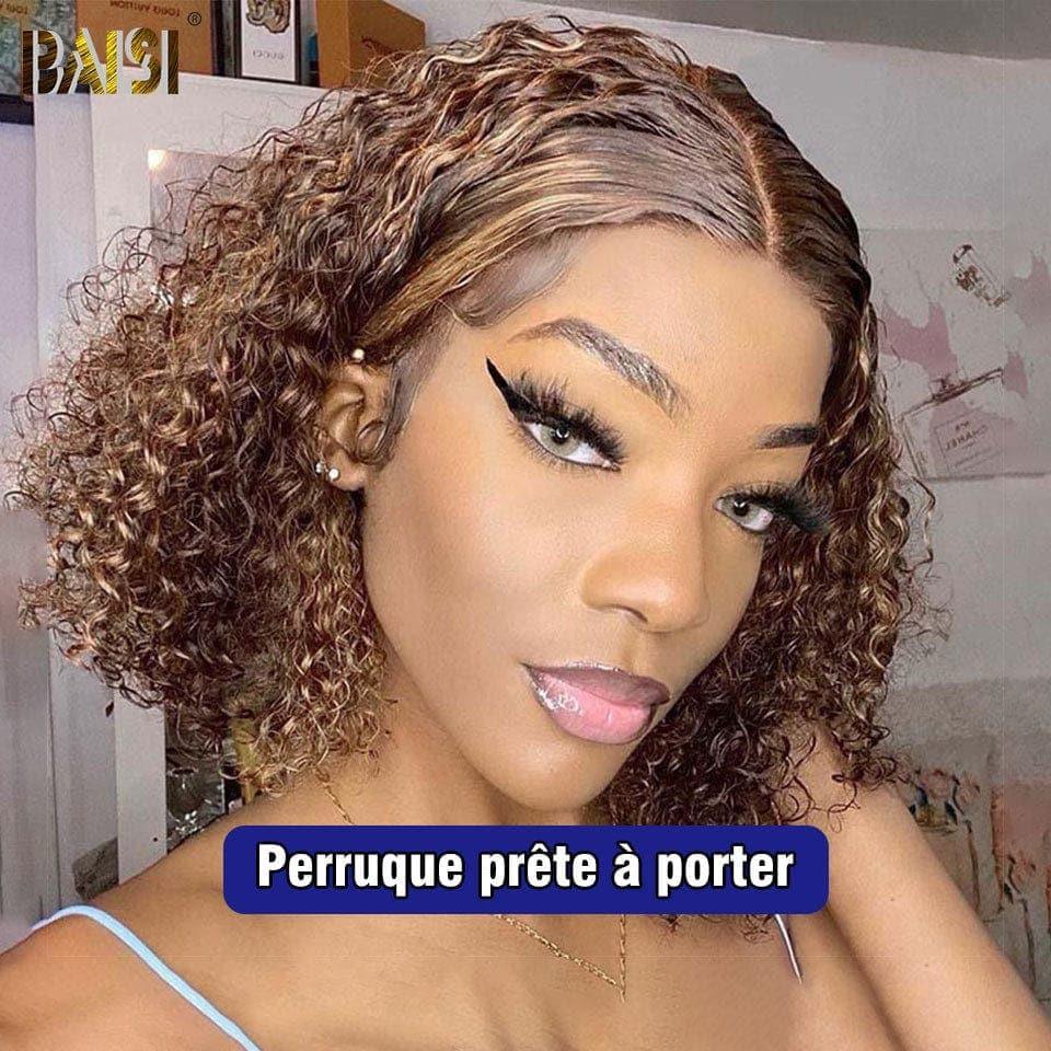 BAISI 13X4 Peruca Bob Curly em Mistura #4#27 Pré-Desbastada Sem Necessidade de Cola em 100% Cabelo Raw Lace já Cortado