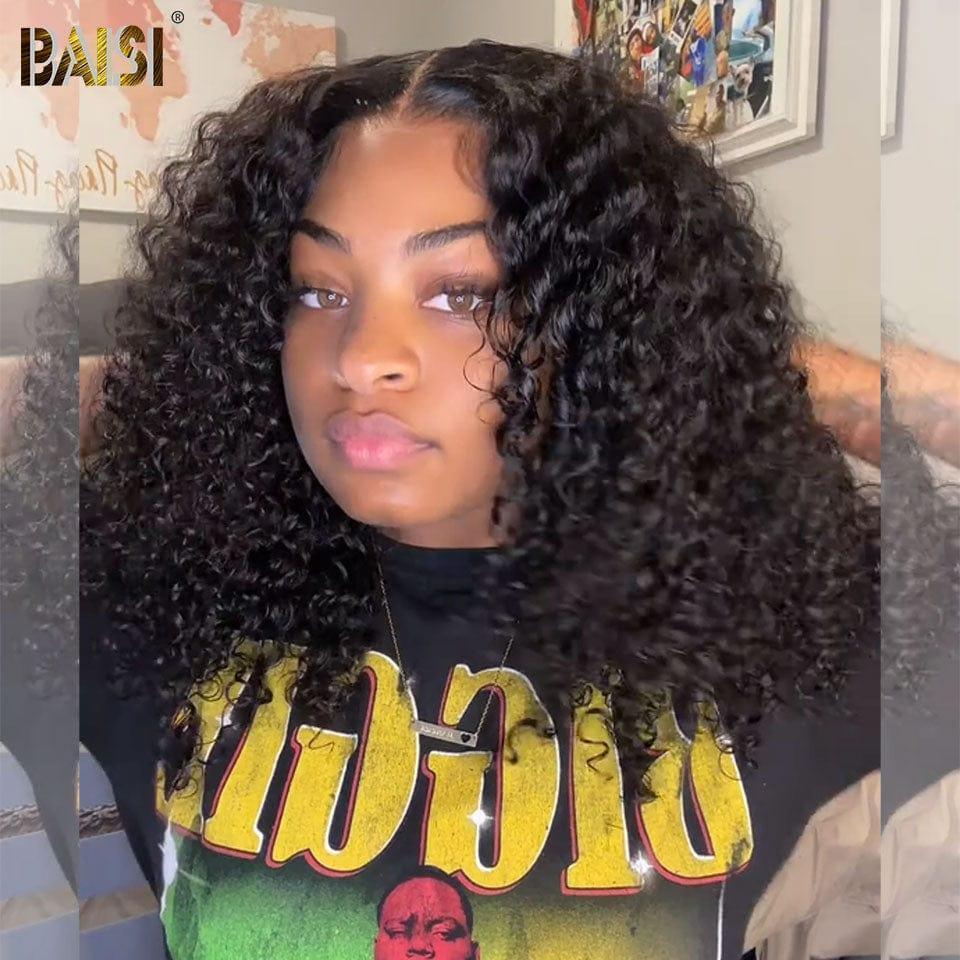 BAISI 13X4 Peruca Afro Curl na cor Preto #1B Pré-desfiada Sem necessidade de cola em 100% cabelo cru Lace já cortada