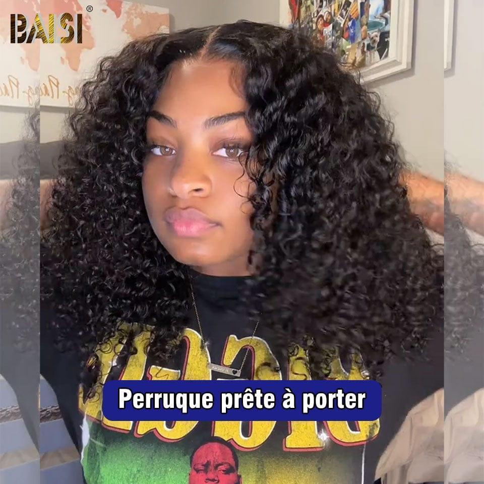 BAISI 13X4 Peruca Afro Curl na cor Preto #1B Pré-desfiada Sem necessidade de cola em 100% cabelo cru Lace já cortada