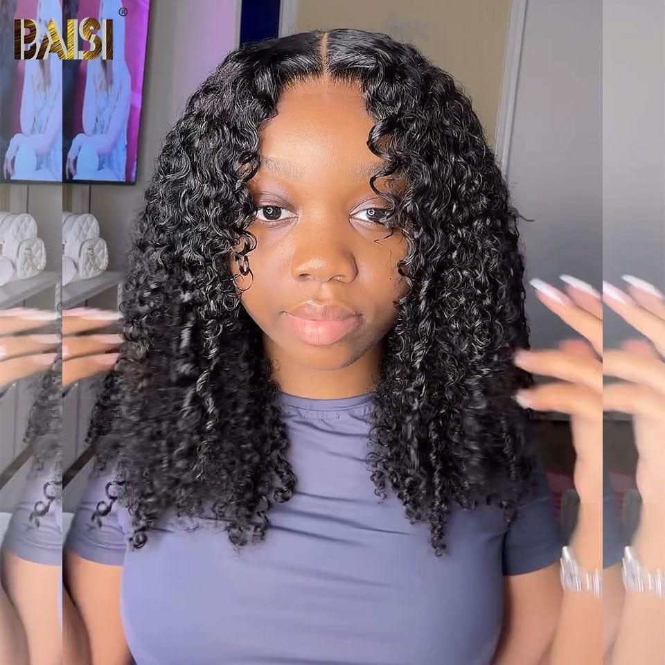BAISI 13x4 Curly Bob Wig in Black Glueless Lace Front Cut Easy to Wear 100% Human Hair
