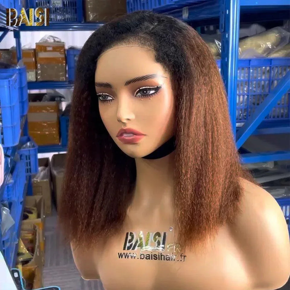 BAISI 4x4 Perruque bob Kinky Straight Marron 1BT4# en haut de gamme avec les Baby Hair naturel Pré-plucked Pas Besoin de Colle en 100% Raw Hair Lace déjà couper 4C Hairline