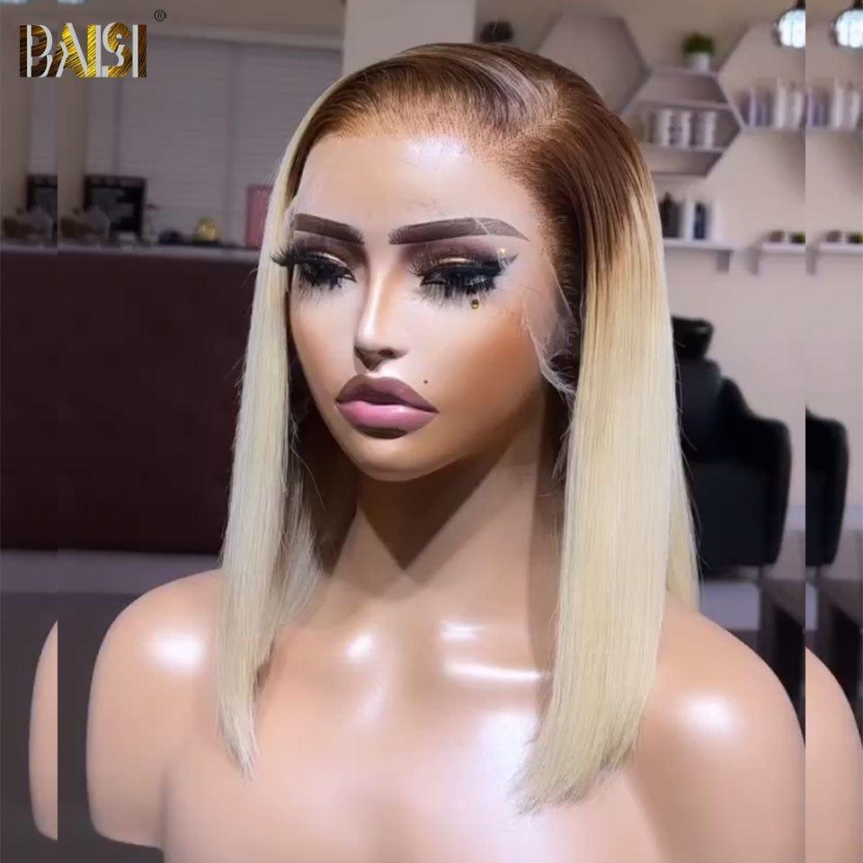 BAISI Achetez 2 perruques minimum au prix d'usine fournisseur pixie sans Colle blonde ou 13X4 perruque bob lisse en couleur #4#613 Pré-plucked Pas Besoin de Colle en 100% Raw Hair Lace déjà couper