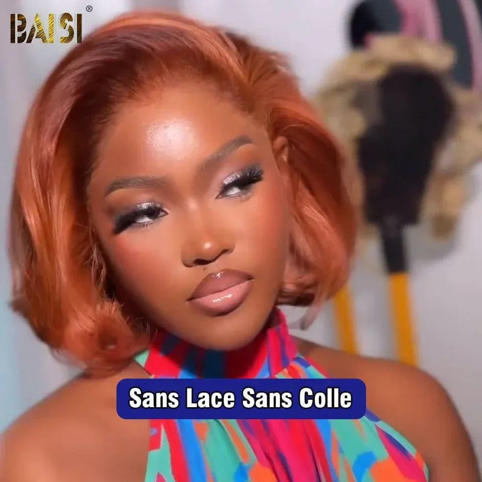 BAISI 13X4 Straight Bob Wig In Orange Pre-Plucked No Glue Needed in 100% Raw Hair Lace Already Cut