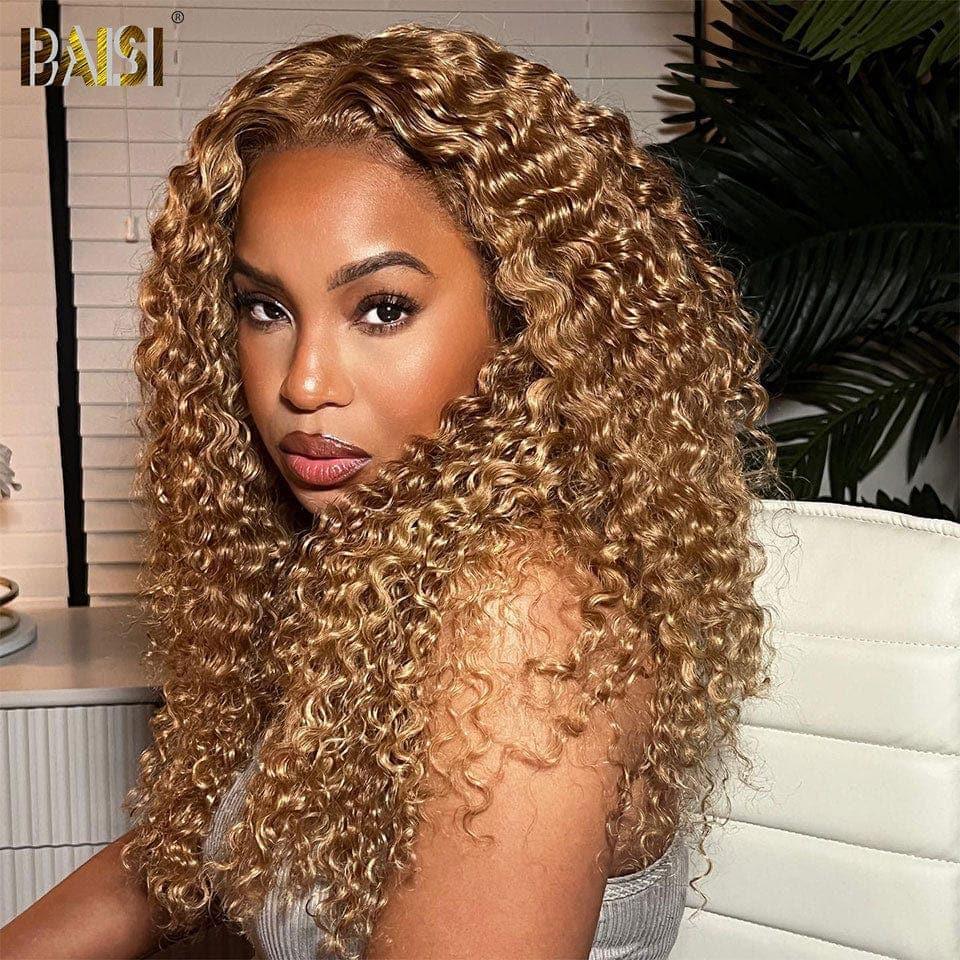 BAISI 13x4 Frontal Wig Deep wave in color 27# Pre-plucked No Glue Need in 100% Raw Hair Lace already cut