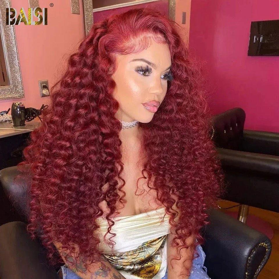 BAISI Compre 2 perucas no mínimo ao preço de fábrica do fornecedor em França IVA 0€ 48H chegada 13x4 Lace Frontal Peruca Deep Wave Vermelho Bordeaux Sem Cola Lace já cortada Fácil de Usar em 100% Cabelo Humano (Sem Código)
