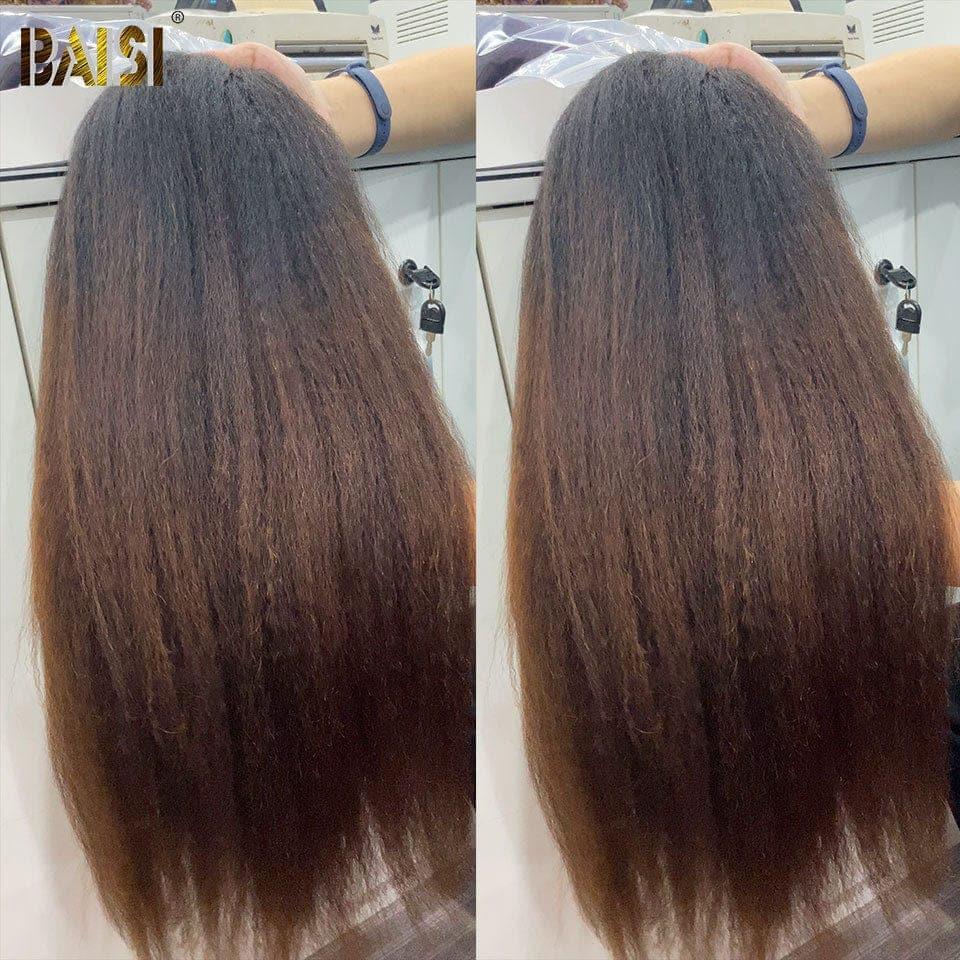 BAISI 13x4 Frontal Wig Kinky Straight in color #1B#4 Pre-Plucked No Glue Needed in 100% Raw Hair Lace Already Cut