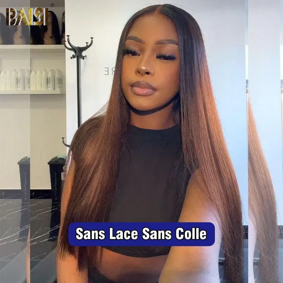 BAISI 13x4 Lace Frontal Perruque Lisse Noir Marron 1B#4 en 100% Cheveux Humains Pré-plucked Pas Besoin de Colle en 100% Raw Hair Lace déjà couper