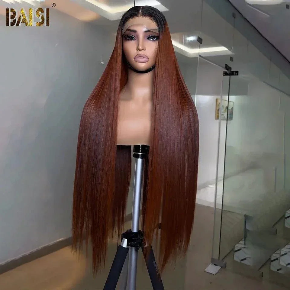 BAISI 13x4 Lace Frontal Perruque Lisse Marron #1BT4 en 100% Cheveux Humains