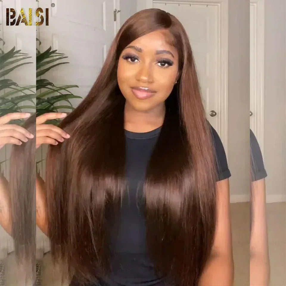 BAISI Perruque Lisse Longue En Couleur Marron #4 En 100% Cheveux Humains