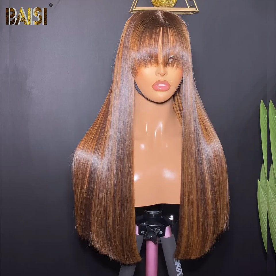 BAISI Coupe Chinoise Perruque sans lace sans colle Mixte 4#mix27#  Lisse Longue Avec Frange en 100% Cheveux Humains