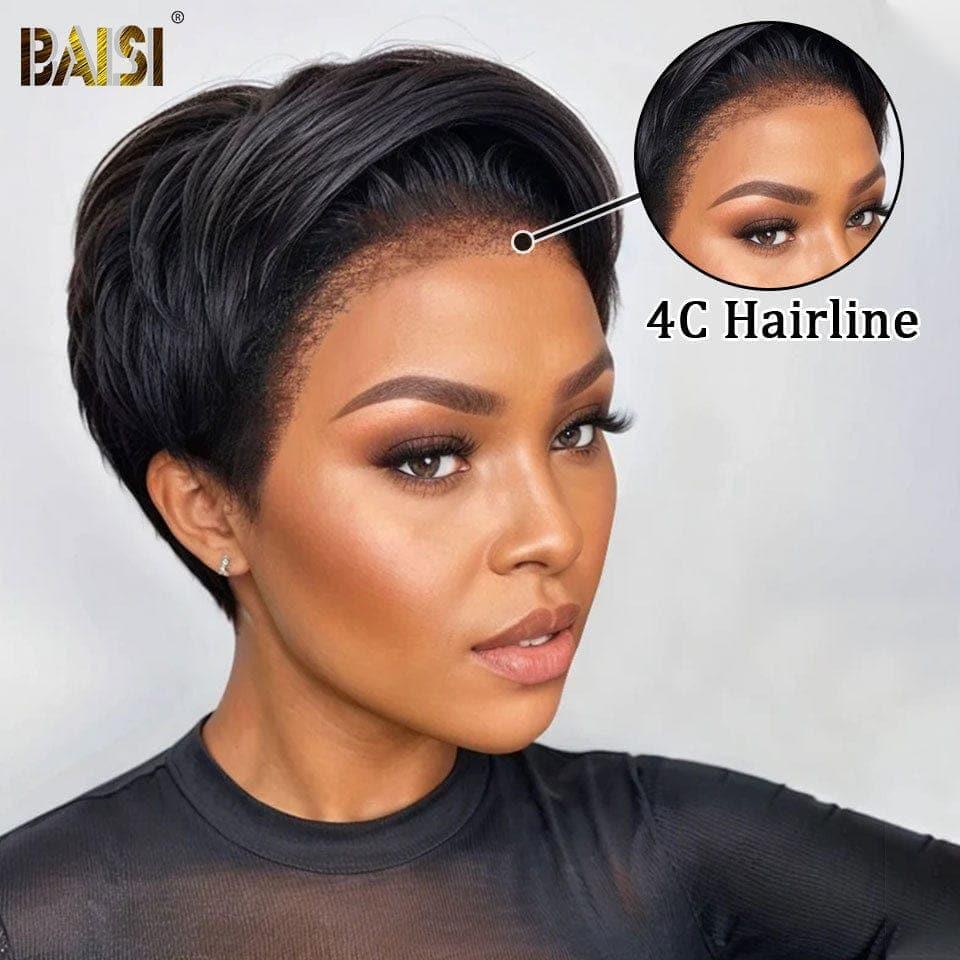 BAISI Pixie Frontale 13x4 lace tranparente 8 Pouce lisse en haut de gamme avec les Baby Hair naturel 100% vrais cheveux humains 4C Hairline
