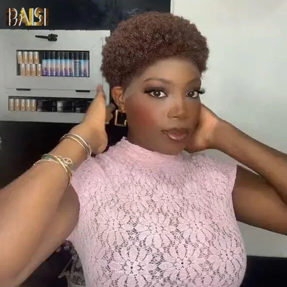 BAISI 13X4 Pizzo Parrucche Grande Promo arrivo pixie corte afro riccia Marrone #4 100% Capelli Umani