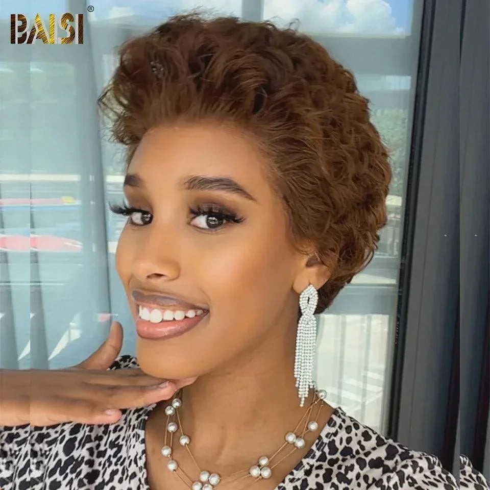 BAISI Achetez 2 perruques minimum au prix d'usine fournisseur  13X4  Lace Perruque pixie curly en 100% Vrais Cheveux Humains ou 2x6 Lisse bob 8 Pouces En Couleur Marron(Pas Besoins De Code)