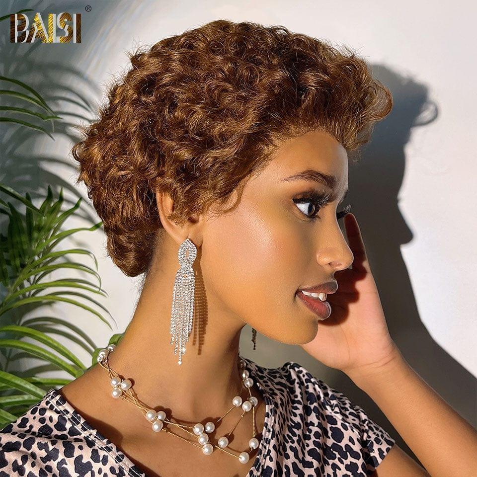 BAISI parrucca senza colla finger wave NERA o 13X4 parrucca personalizzata pixie corta riccia marrone 4# capelli raw hair