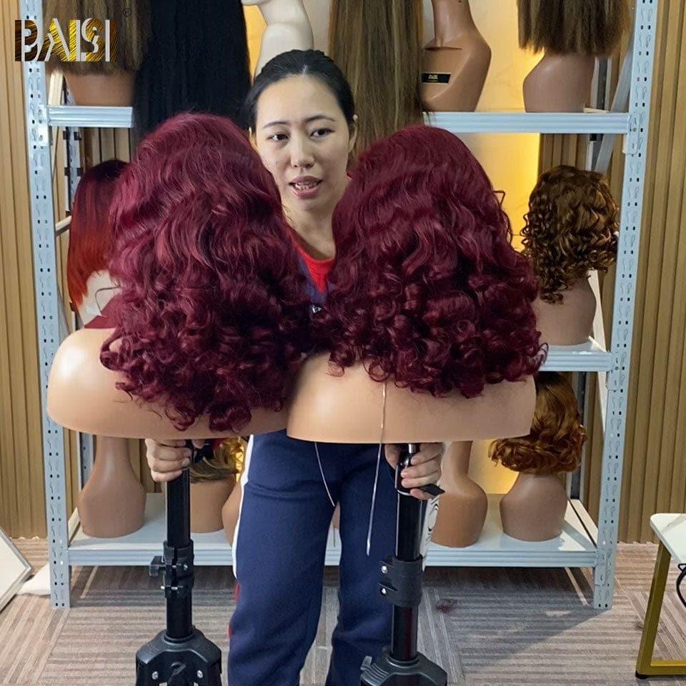BAISI Luxury Wig 13x4 Lace Frontal, 300% Volume Bouncy Curly, Bordeaux Color #99J, 100% Human Hair
