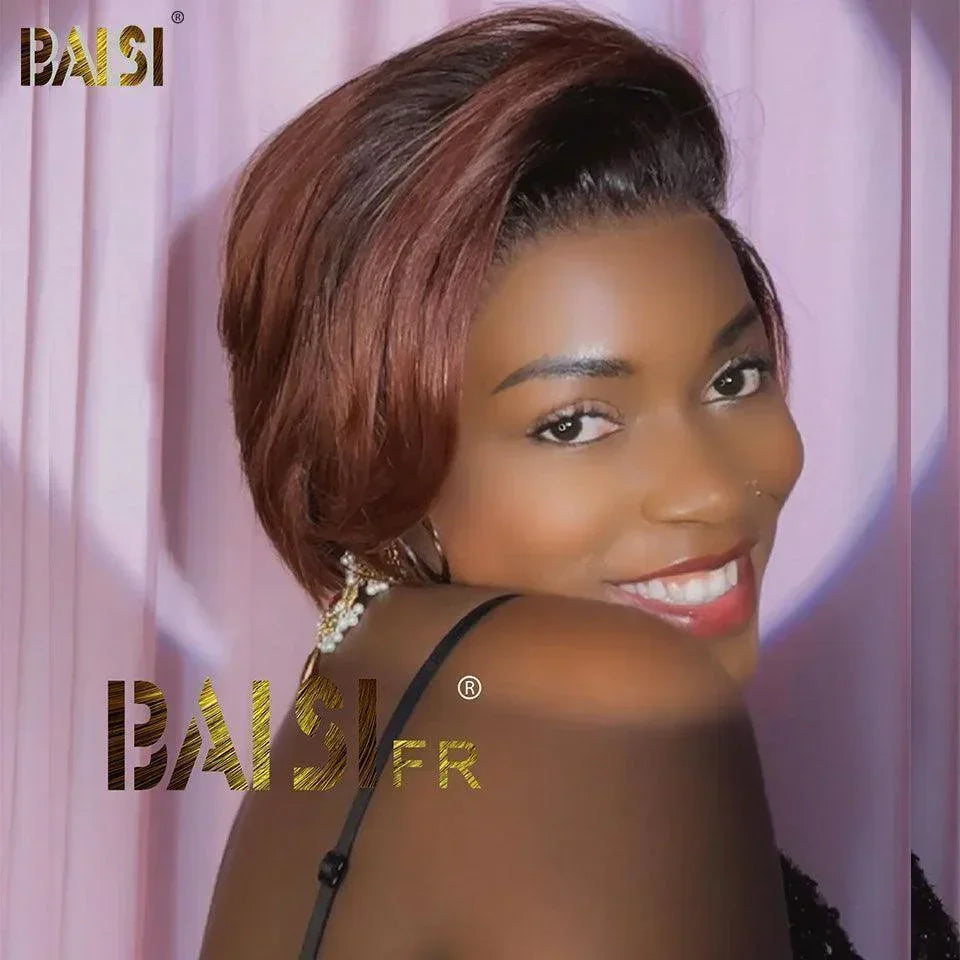 BAISI Achetez 2 perruques minimum au prix d'usine fournisseur perruque 13X4 lisse bob 8 pouces mixte Coupe Pixie Lisse 2 Couleurs personnalisées 1B4#30# Mixte ou Marron 1B4#  100% Vrais Cheveux Humains  (Pas Besoins De Code)