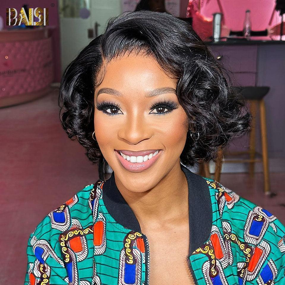 BAISI Venda Flash 39€ Penteado Pixie Finger Wave em França 13x4 Peruca frontal em lace personalizada com risca lateral em cor natural