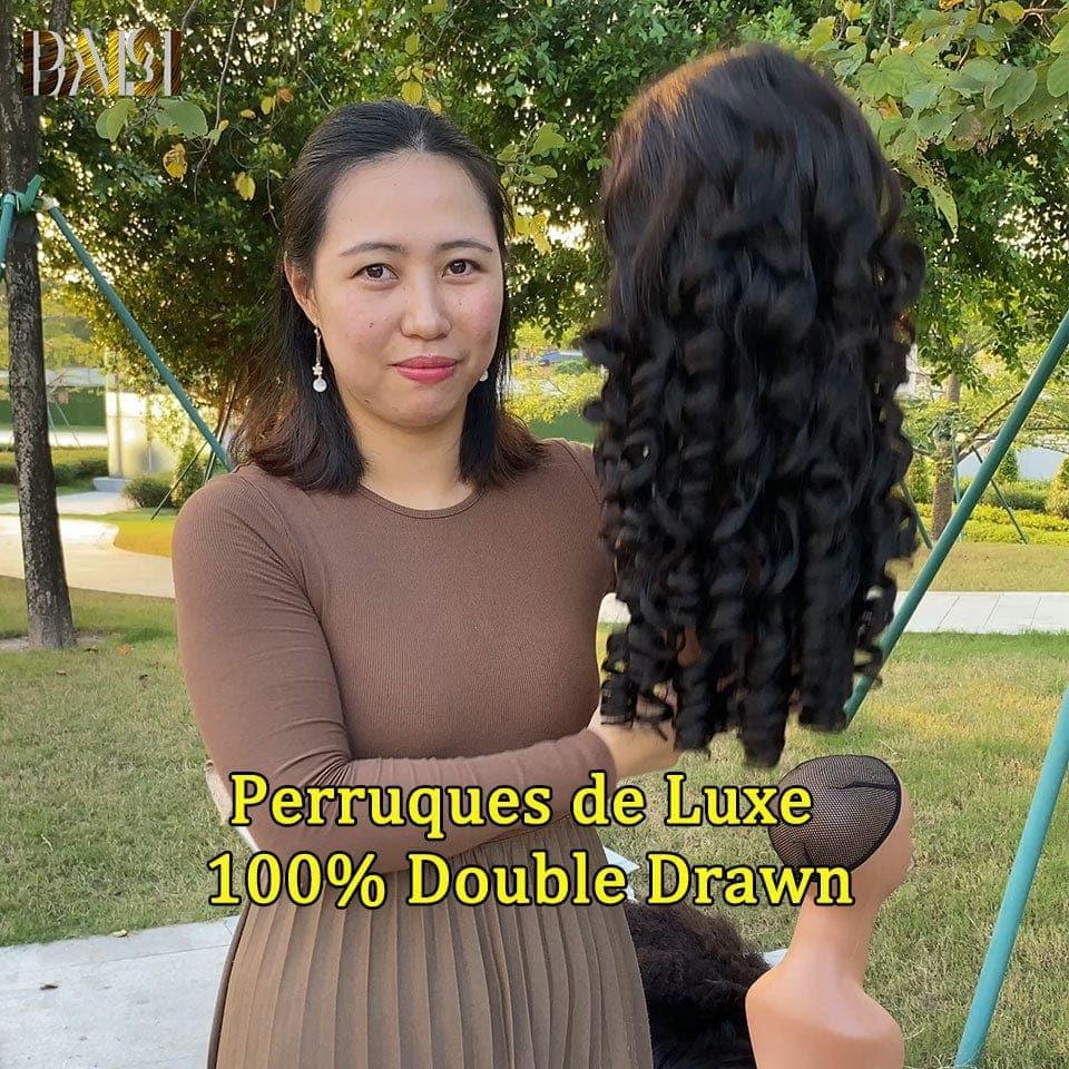 BAISI 13x4 Lace Frontal Wig Bouncy curl A1 Made by double drawn hair in Black in 100% Human Hair