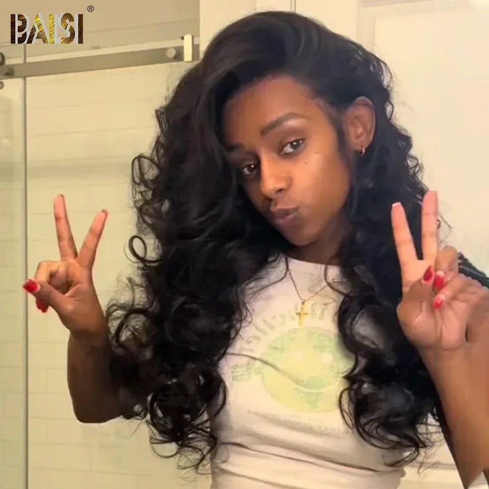 BAISI 13X4 peruca de renda ondulada natural 18-22 polegadas preto, densidade 300% em 100% cabelo humano