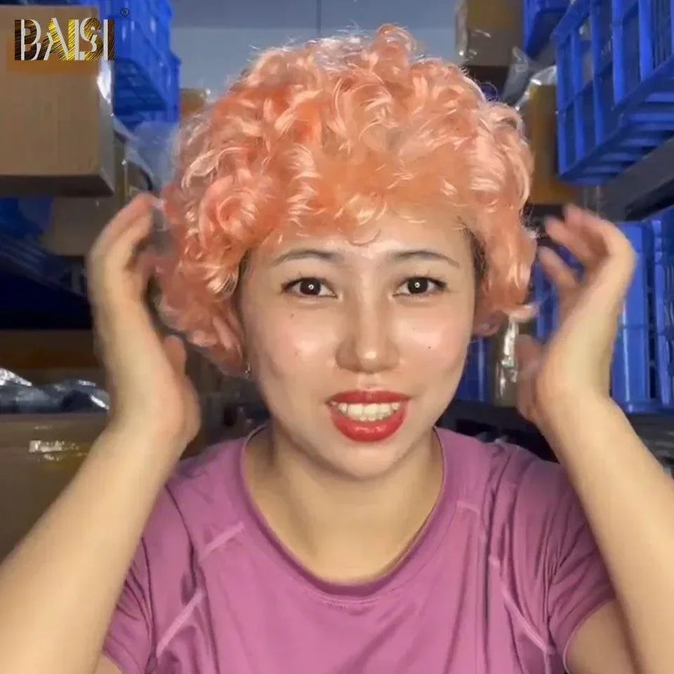BAISI peruca sem cola, fabricada à máquina, preto pixie 58€ ou peruca Pixie Finger Wave 13X4, corte curto em rosa 88€, 100% cabelo humano