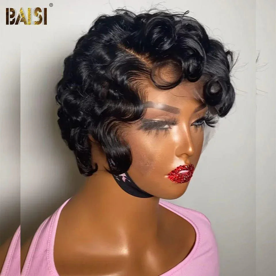 BAISI Perruque pixie Vague bouclette 5X5  En Couleur Noir en 100% Cheveux Humains FR38