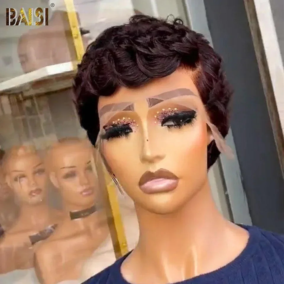 BAISI Pixie Cut Lace Frontal 13x4 Curly wave en couleur Mixte 4T30#  52€ ou  Marron 69€ en 100% Vrais Cheveux Humains D