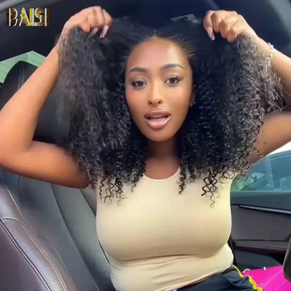 BAISI 13X4 Frontal lace perruque Afro Curly 16 Pouce 300% Densité Sans Colle Lace déjà couper en haut de gamme avec les Baby Hair naturel 100% vrais cheveux humains avec 4C Hairline