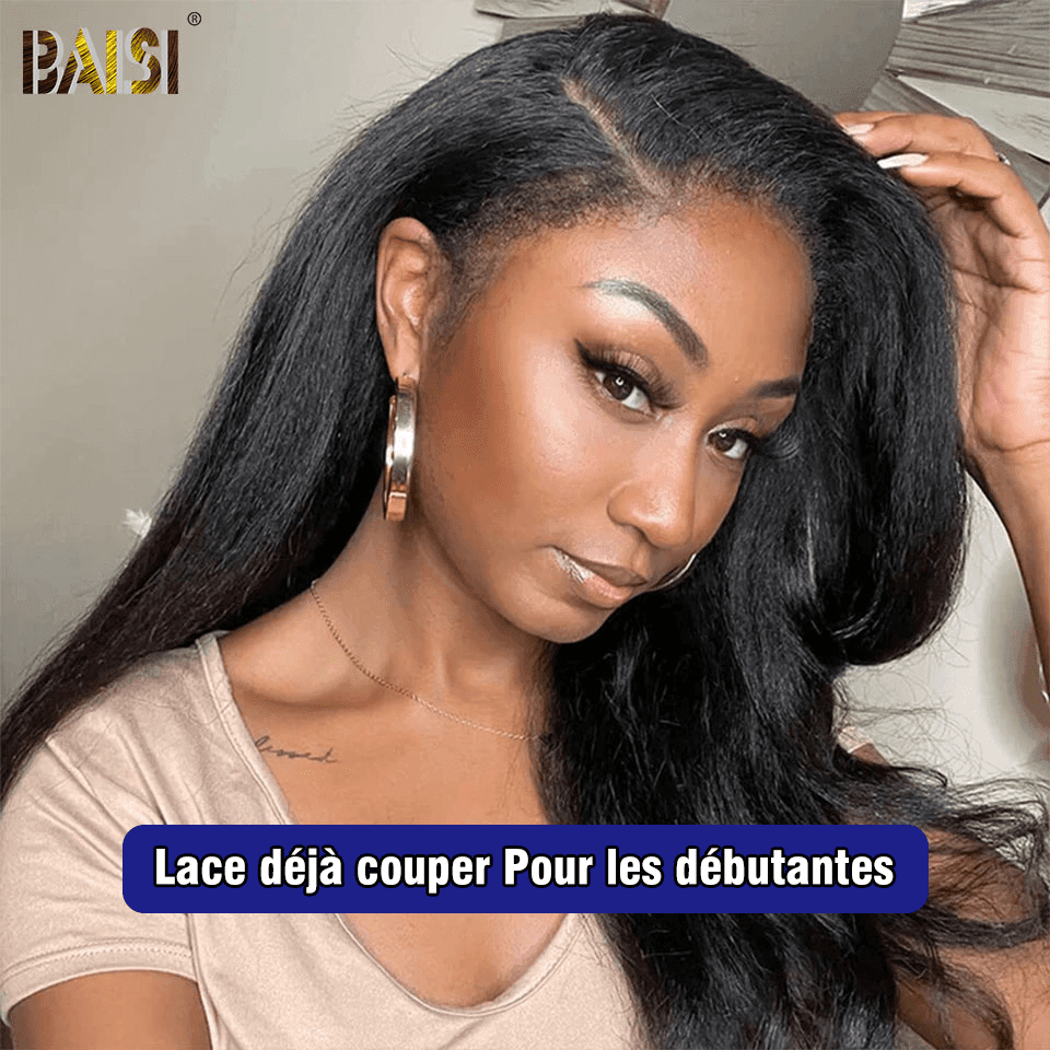 BAISI 13x6 Frontal Wig Kinky Straight Pre-Plucked No Glue Needed in 100% Raw Hair Lace Already Cut