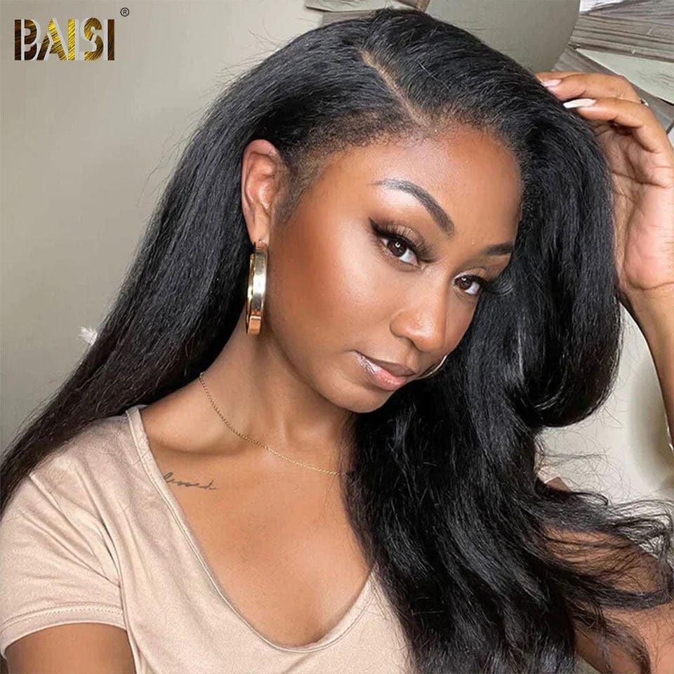 BAISI 13x6 Frontal Wig Kinky Straight Pre-Plucked No Glue Needed in 100% Raw Hair Lace Already Cut