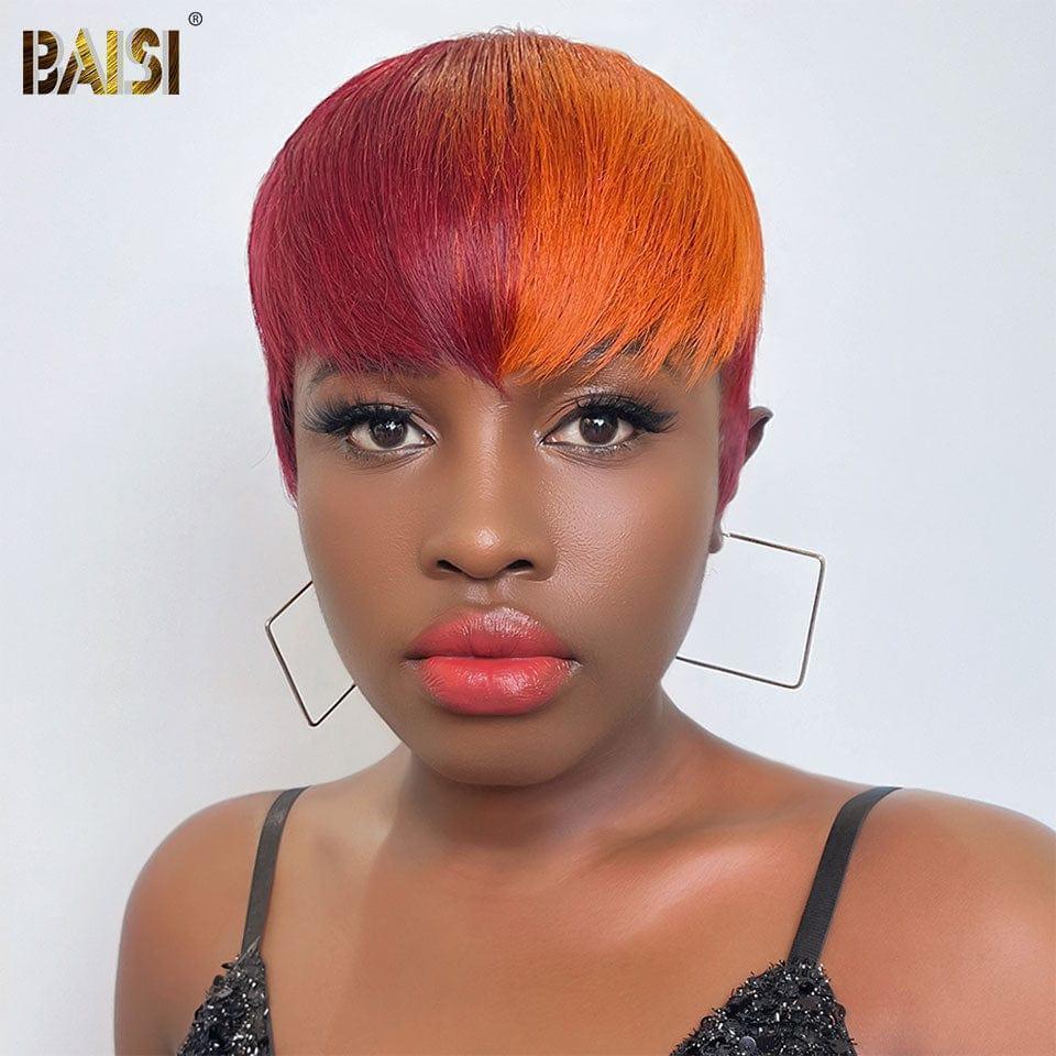 BAISI Peruca Pixie Liso, correspondência especial de cores, em castanho 1BT4# ou mistura laranja/vermelho Bordeaux 99J, em 100% cabelo humano