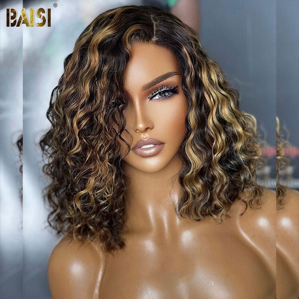 BAISI 13X4 Peruca Bob Curly em Mistura #4#27 Pré-Desbastada Sem Necessidade de Cola em 100% Cabelo Raw Lace já Cortado