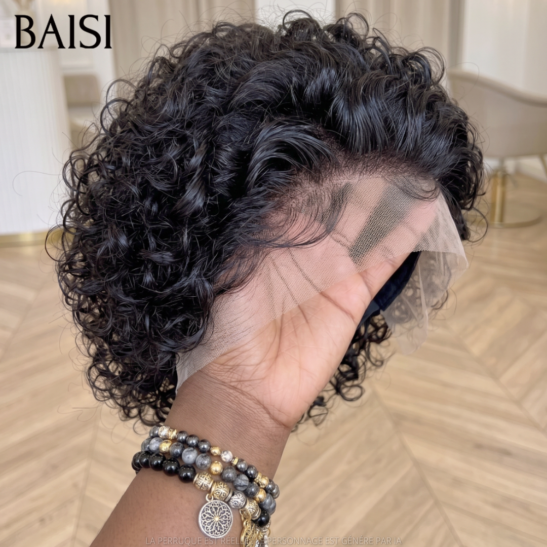 BAISI 13x4 Lace Perruque Pixie Courte Curly Couleur Noir 58€ Très Bonne Qualité en 100% Cheveux humains
