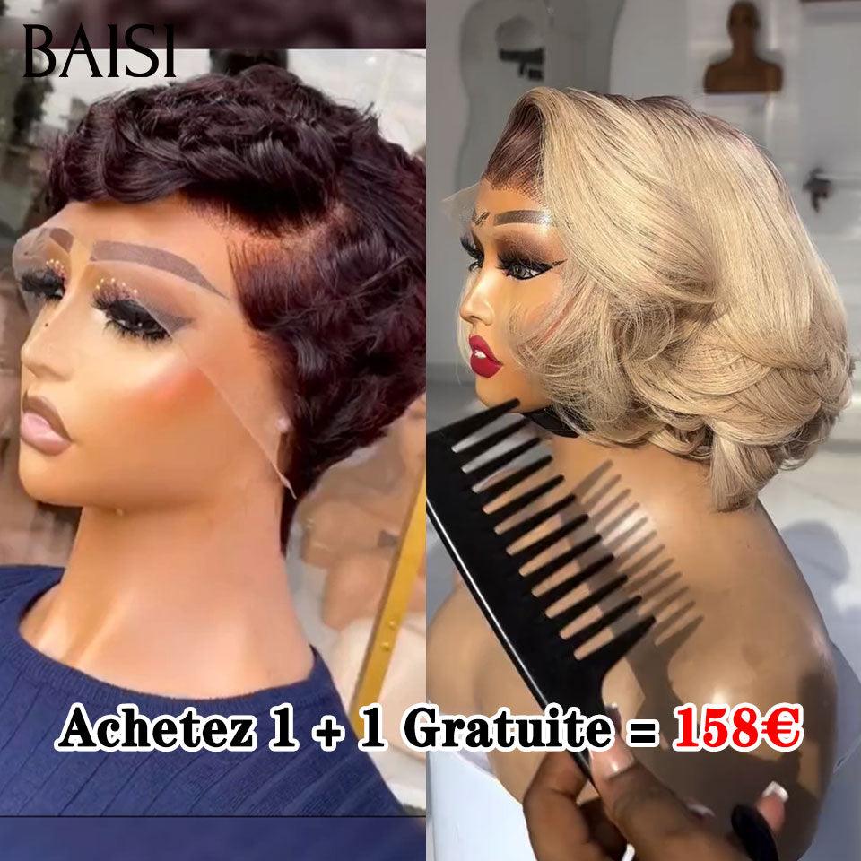 BAISI Achetez 1 + 1 Gratuite = 129€ 4X4 lace curly wave 10 pouces et 5x5 lace egg wave 10 pouces ou1 Acheté + 1 Gratuite = 158€ 13X4 lace pixie 99J# et bob blonde 4T613# en 100% vrais cheveux humains  (pas besoin de code)