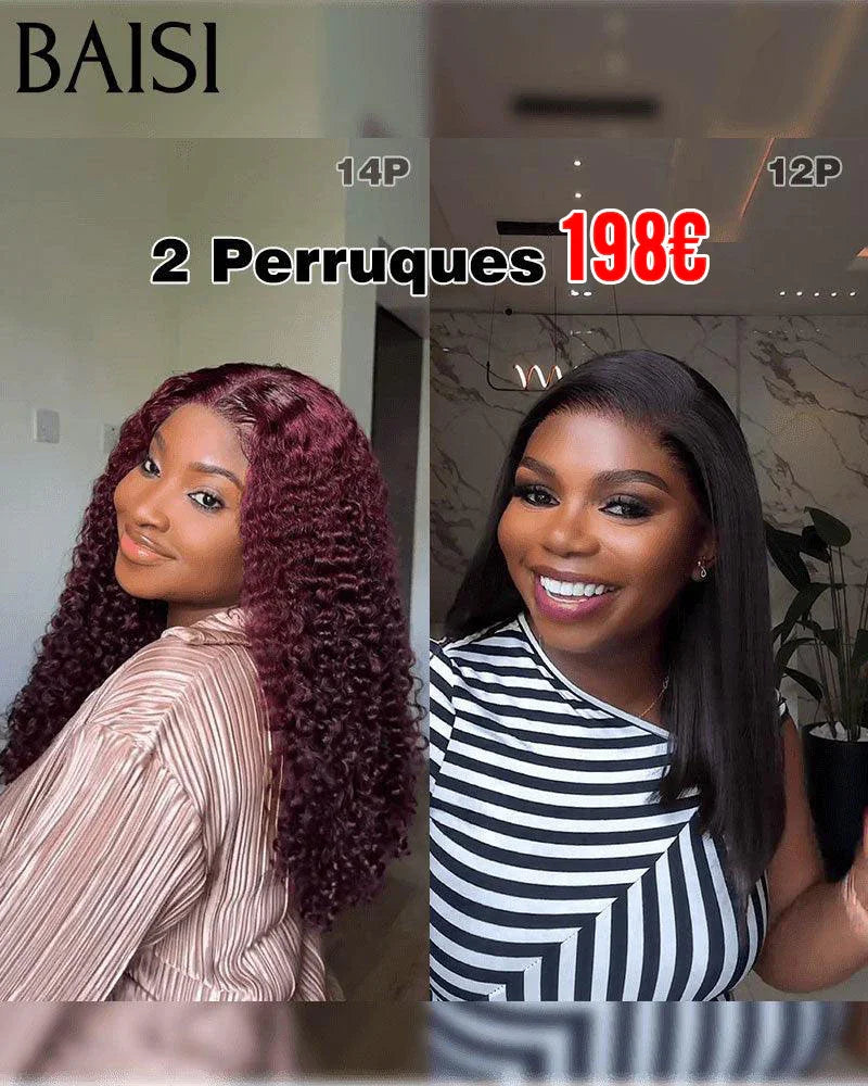 BAISI 2 Perruques 198€ 13X4 lace Lisse 12 Pouces et water wave 14 Pouces en Couleur  99J 250% densité DE luxe en 100% Cheveux Humains FR38